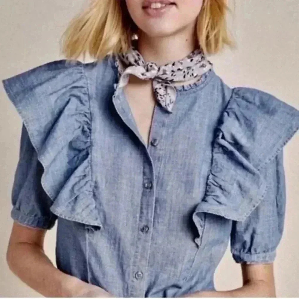 Citizens of Humanity Jolene Ruffle Chambray Denim Blouse Top Shirt Size Small